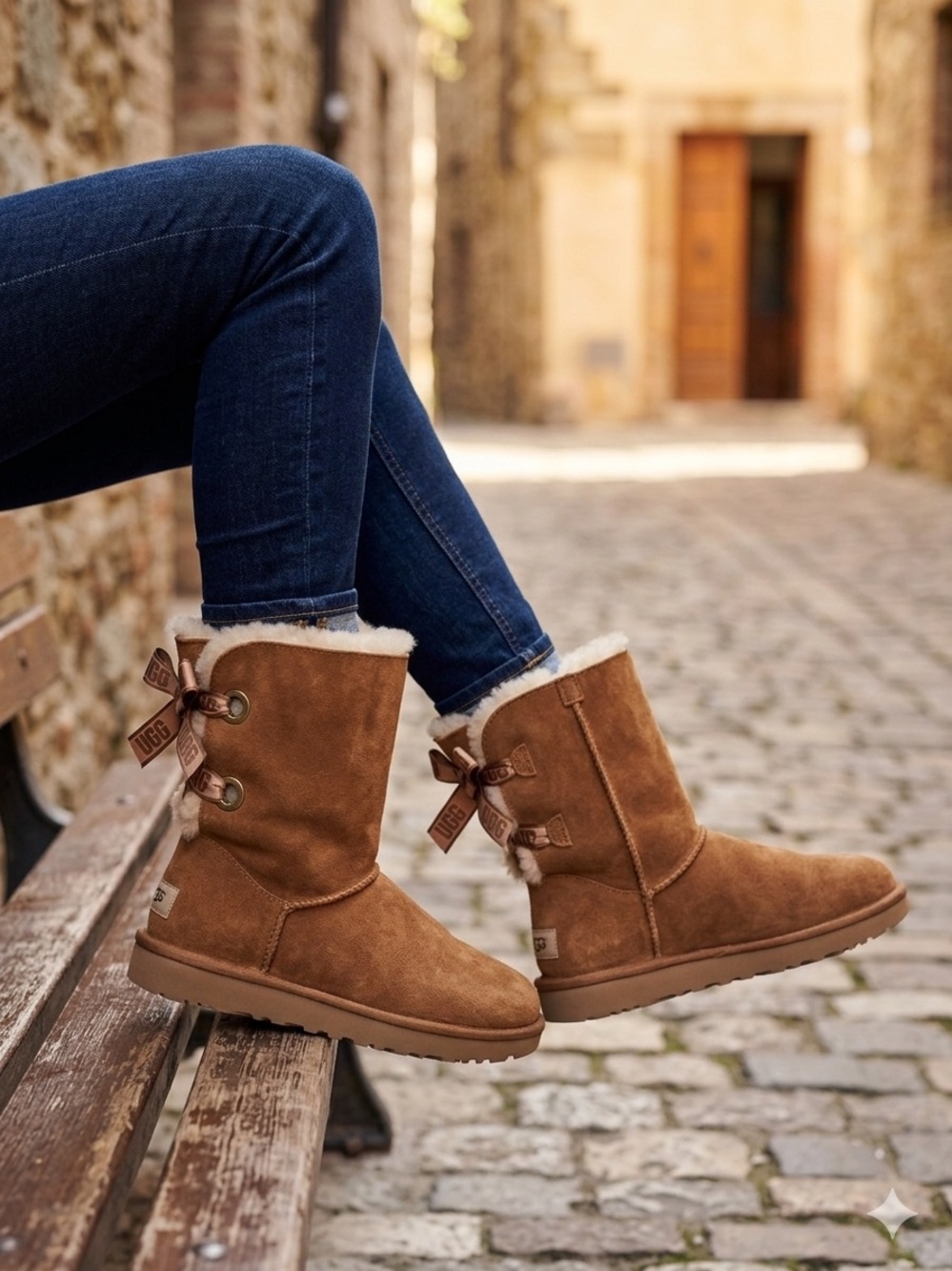 UGG Bailey Bow Chestnut Genuine Suede Ribbon Back Boots - Size 9 EUC